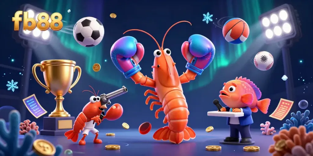 Engage with thrilling gameplay at fb88 with cartoon shrimp characters in an energetic casino scene.