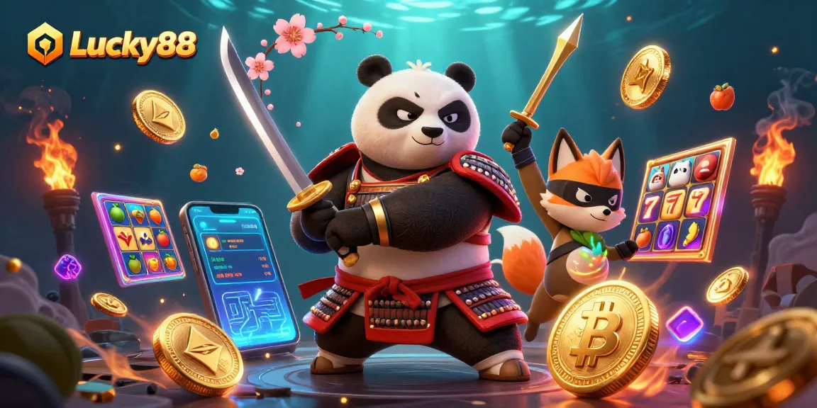 Lucky88 showcases an epic casino illustration with samurai panda and ninja fox amidst vibrant slot symbols.