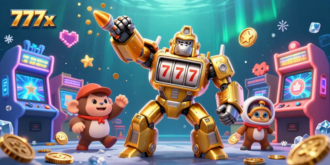 Play the thrilling 777x slot game with a golden gorilla mech in action, showcasing excitement.