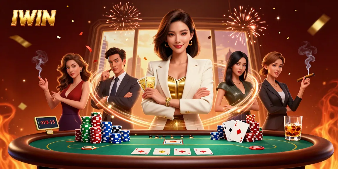 IWIN players showcasing their skills at a vibrant poker table with colorful chips and cards