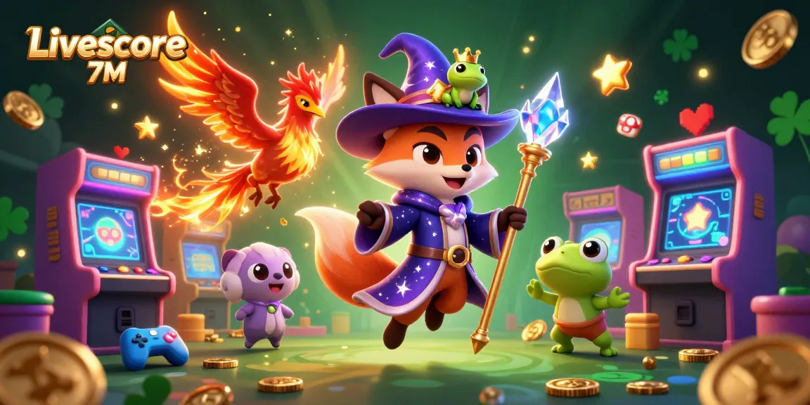 Engage with Livescore 7M's vibrant fantasy world featuring a mystical wizard fox and dynamic gaming elements.