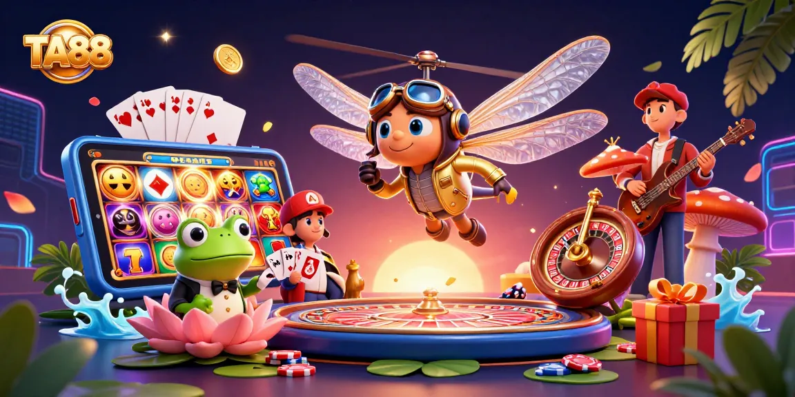 Experience the thrill of TA88 with a vibrant casino scene featuring lively characters and gaming action.