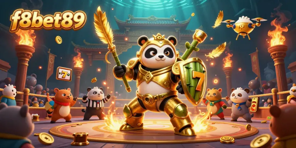Experience the excitement of f8bet89 with a golden panda robot battling in a vibrant casino arena.