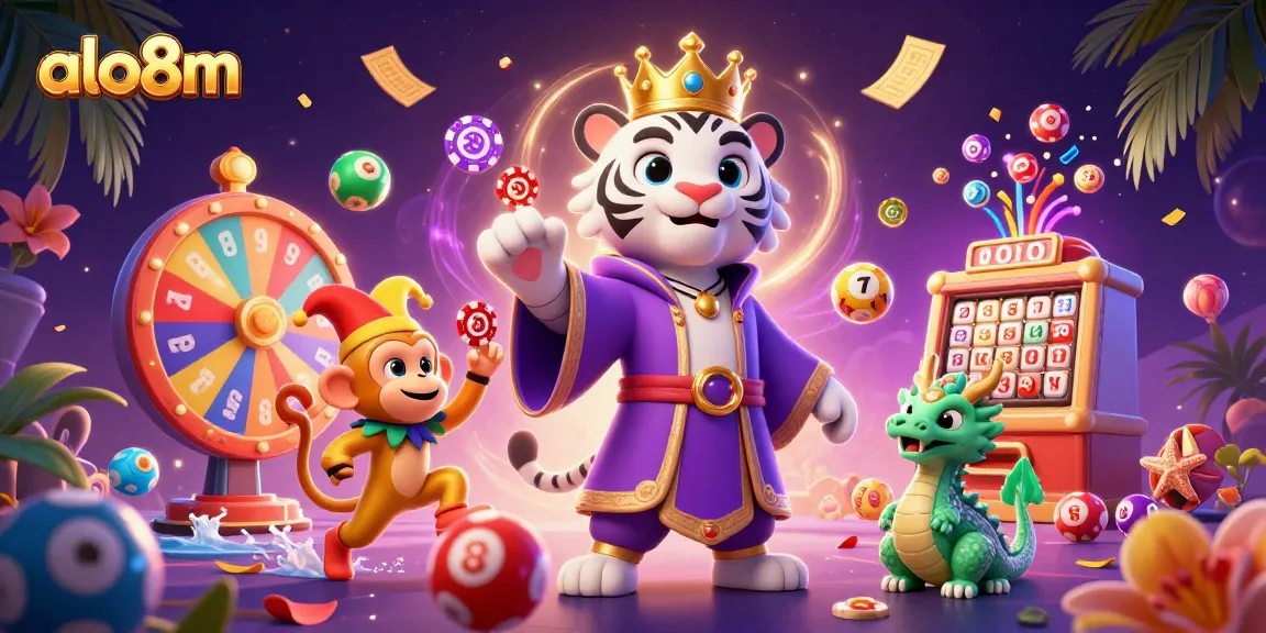 Experience the vibrant world of alo8m with a joyous scene of gambling characters and exciting game elements.