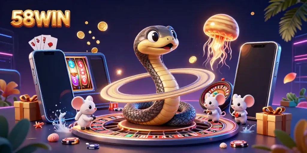 Experience the exciting casino world of 58WIN with vibrant elements and interactive gameplay.