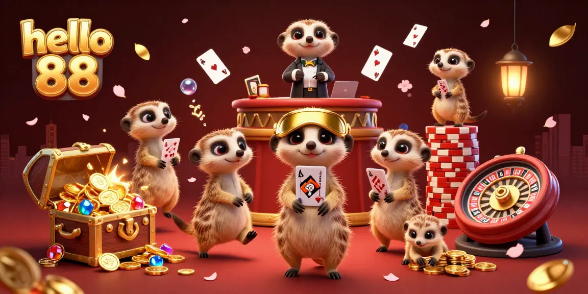 Experience thrilling action at hello 88 with meerkats operating a lively casino in this vibrant 3D illustration.