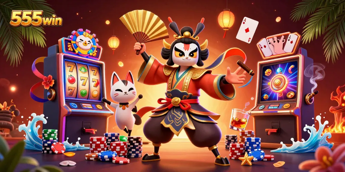 Engage in thrilling gameplay with 555win's vibrant slot machines, poker chips, and exciting casino atmosphere.