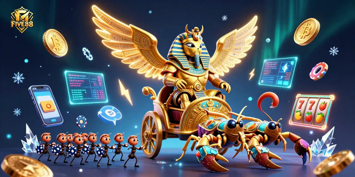 Engage with the vibrant scene of FIVE88 showcasing a golden scarab beetle, cryptocurrency coins, and slot games.