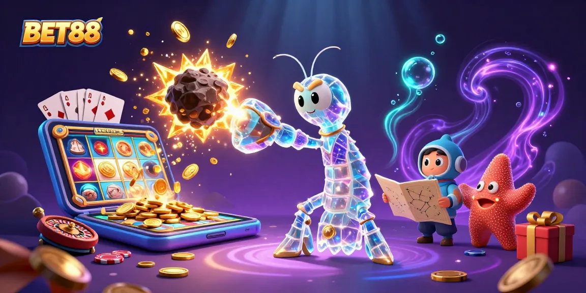 Engage with BET88's vibrant 3D casino scene featuring a galactic mantis shrimp and dynamic gambling elements.