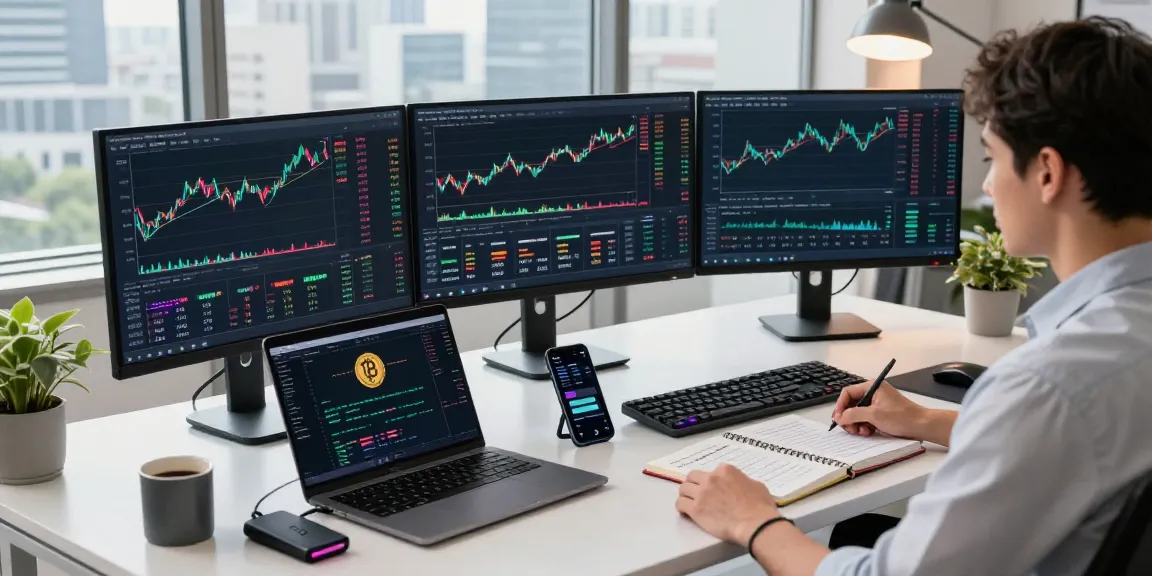 Flingeverx AI Bot in a professional crypto trading setup showcasing live trading charts and a digital wallet.
