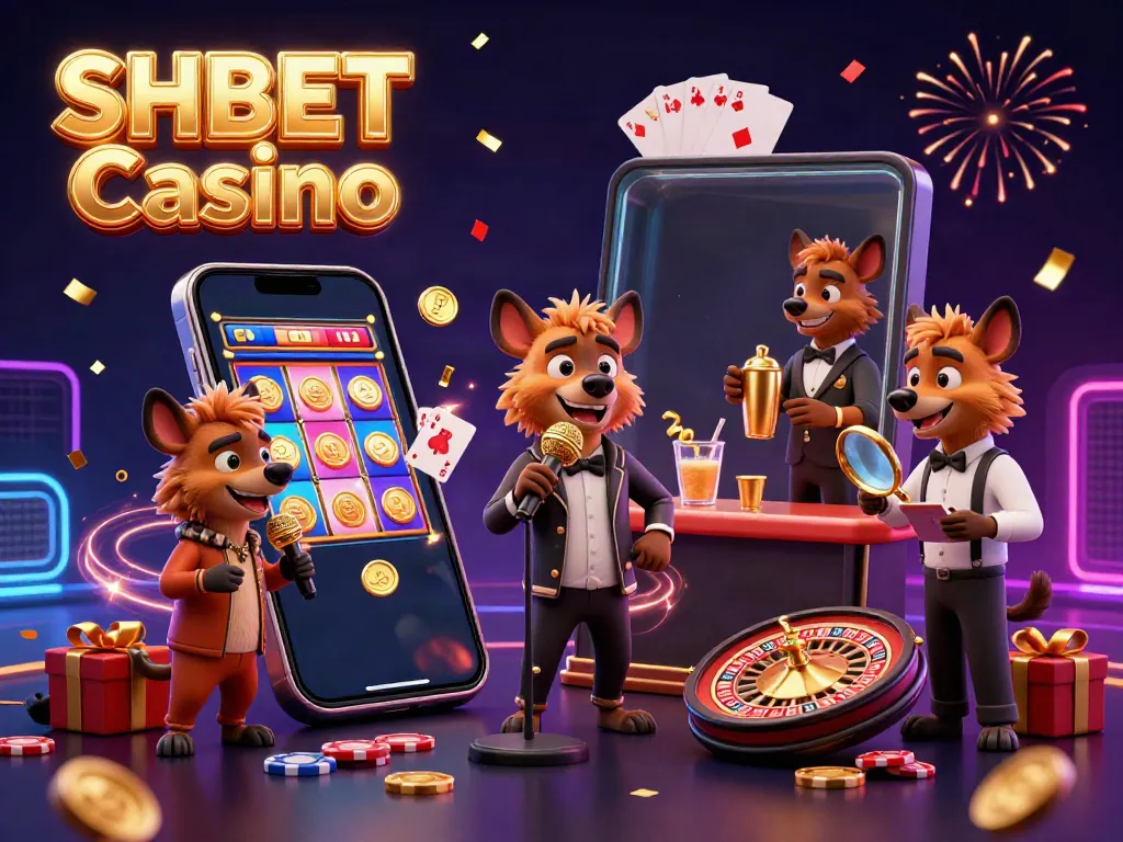 Experience the excitement of SHBET Casino with lively hyenas in a vibrant comedy scene, showcasing games and fun!