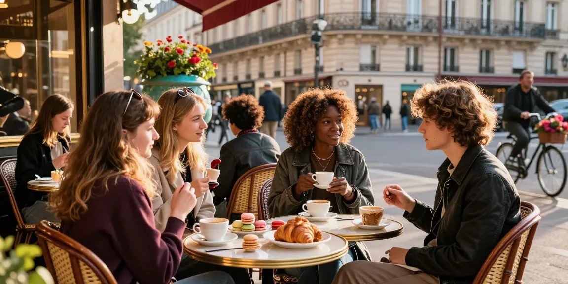 Interns enjoying their time at a Parisian cafe, representing Destiny Calling's enriching internship experience.
