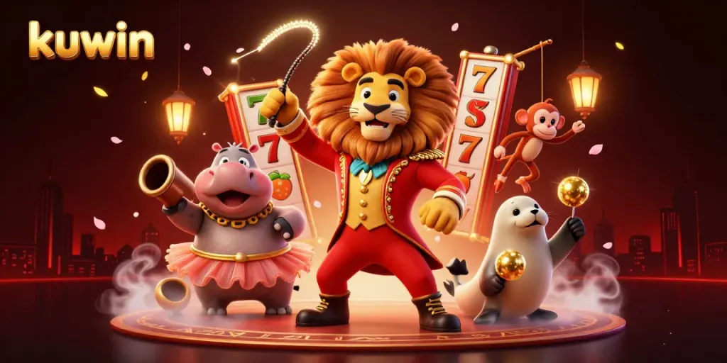 Kuwin promotes excitement with cartoon characters in a vibrant casino atmosphere featuring slot games.