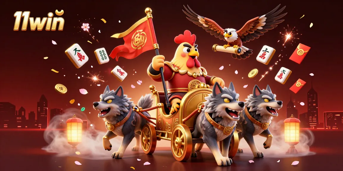 Join the adventure at 11win with a dazzling scene of a rooster warlord in a dynamic casino setting.