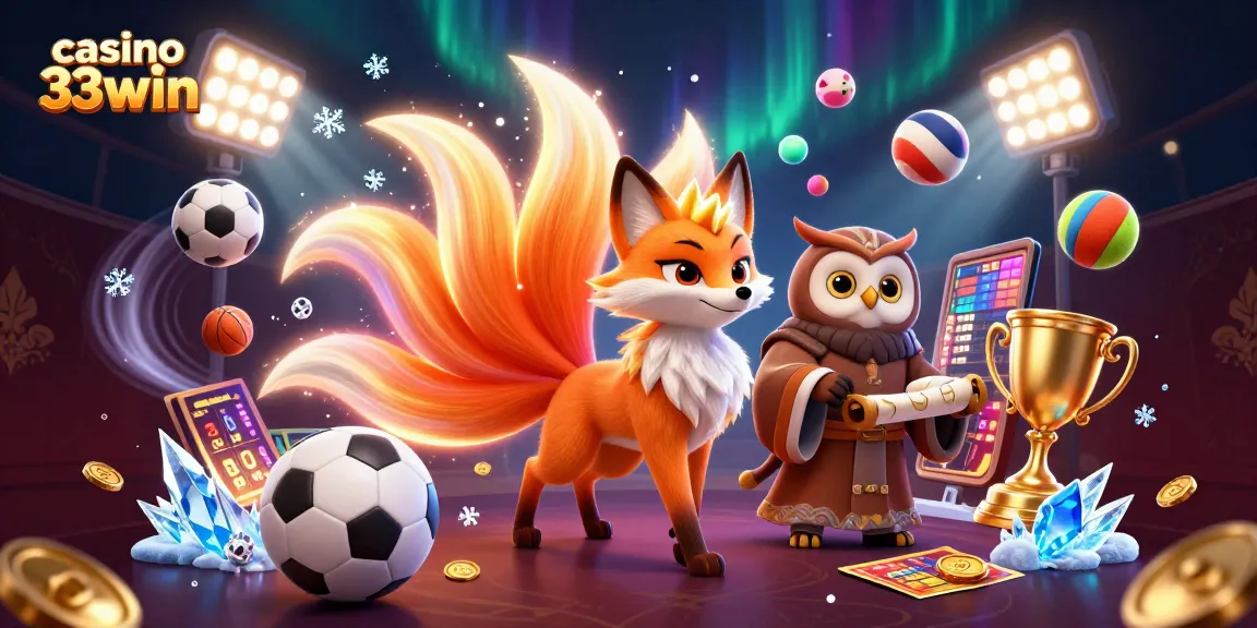 Capture the excitement at casino 33win with glowing characters, sports elements, and vibrant colors enhancing the gambling experience.