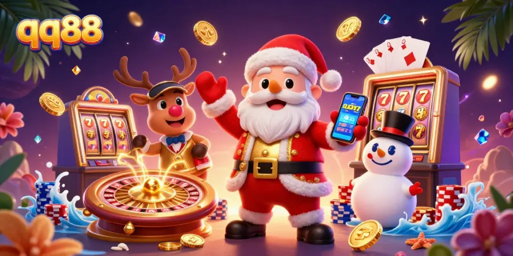 Experience thrilling gaming with qq88 as Santa celebrates in a vibrant casino scene.