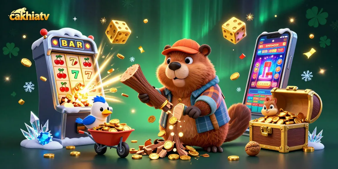 Experience exciting gambling with cakhiatv's vibrant illustration of joyful animal characters surrounded by casino elements.
