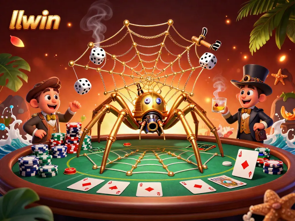 Engaging 3D illustration of llwin's steampunk spider catching dice in a vibrant casino scene.