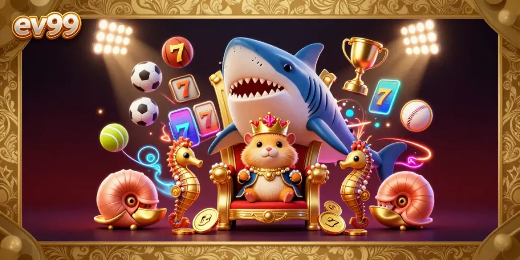 Experience the thrill of ev99 with an exciting casino scene showing a hamster king and seahorse guards in a vibrant 3D illustration.