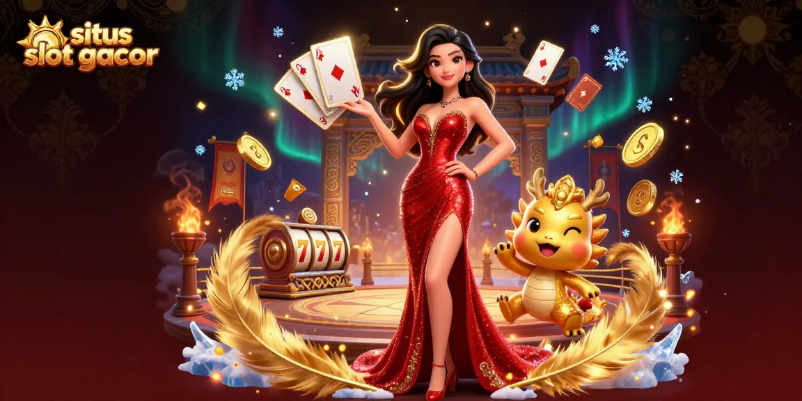 Engage with the vibrant experience of situs slot gacor featuring a glamorous Asian woman and a golden dragon, surrounded by slot reels and coins.