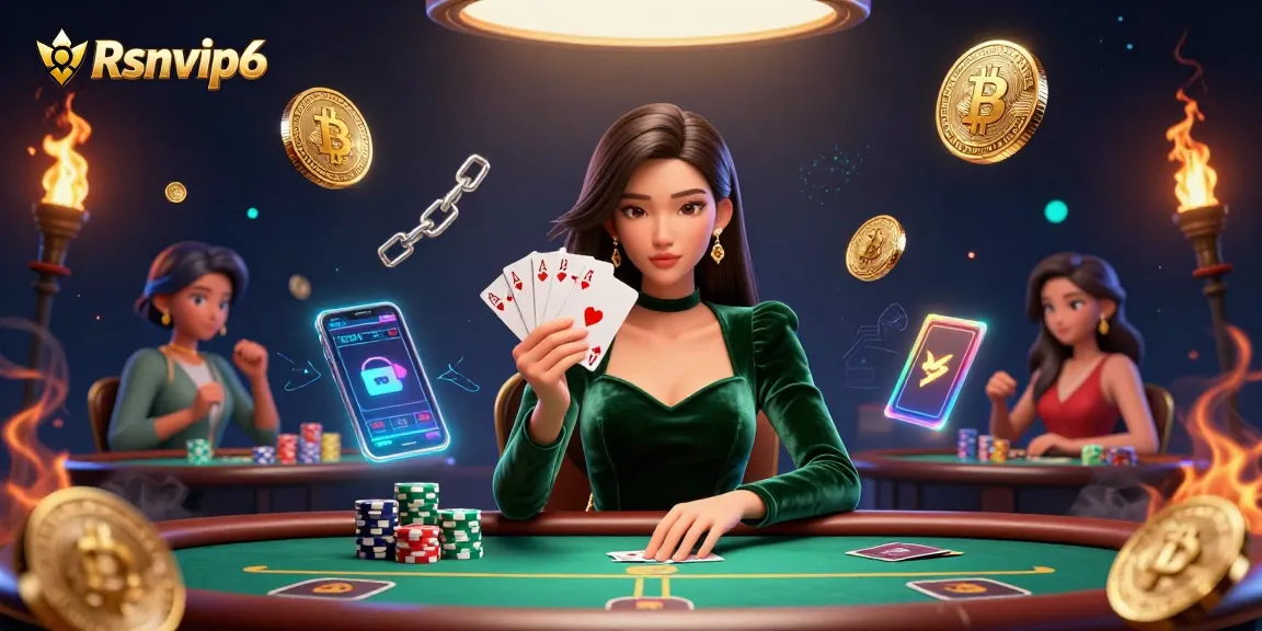 Rasakan Rsnvip6 dengan seorang wanita Asia yang cantik sedang bermain poker, dikelilingi oleh elemen crypto yang berwarna-warni.