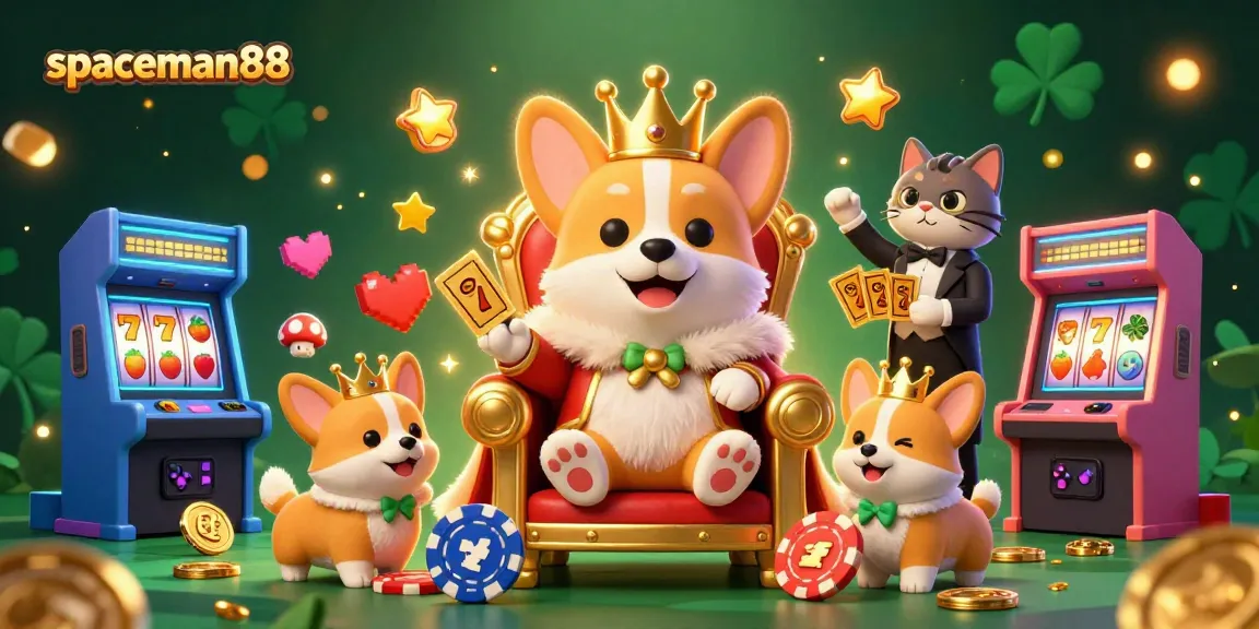 Experience the thrills of spaceman88 with a regal corgi surrounded by slot reels and vibrant gaming elements.