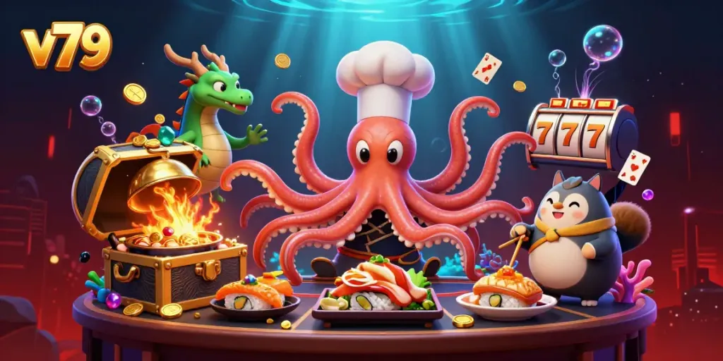 Experience thrilling casino action with v79's vibrant octopus chef serving golden dishes in this enchanting underwater scene.