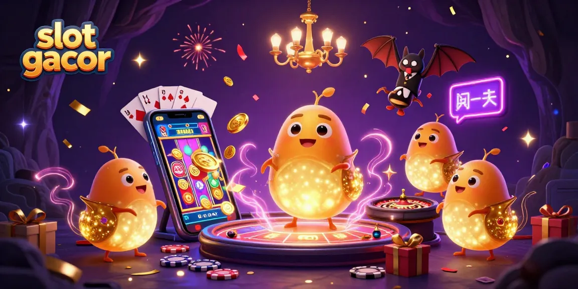 Experience a vibrant slot gacor scene with glowworms illuminating a lively casino setting.