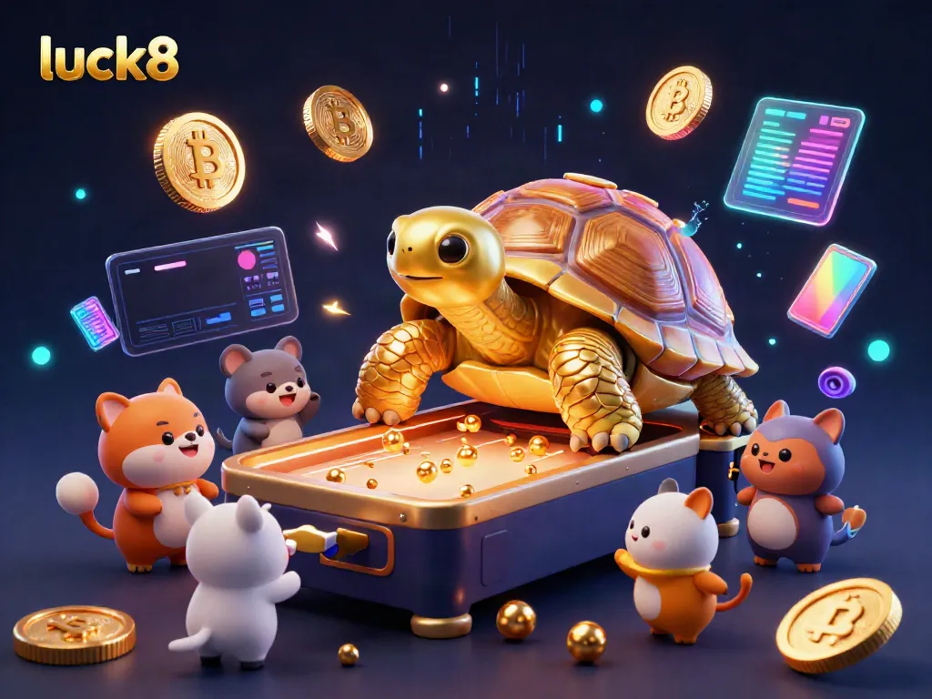 Engage with luck8's exciting gaming experience in a vibrant casino-themed scene filled with animated characters and crypto elements.