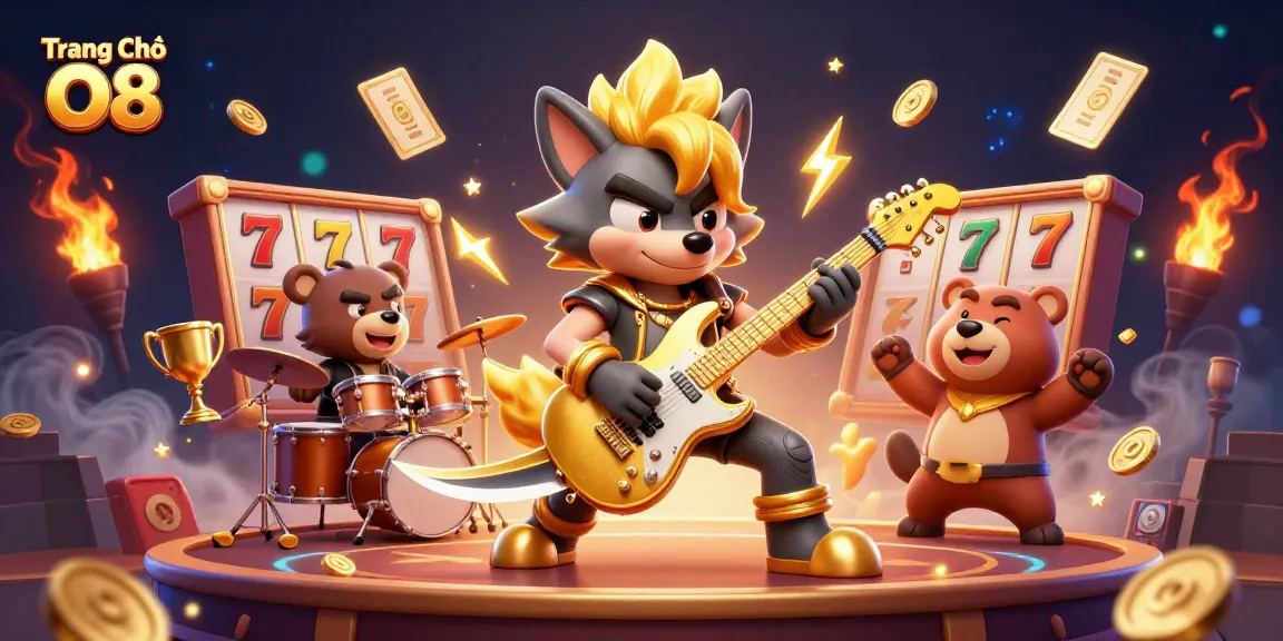 Experience excitement at Trang Chủ O8 with dynamic casino themes, featuring a rock star wolf and animated elements.