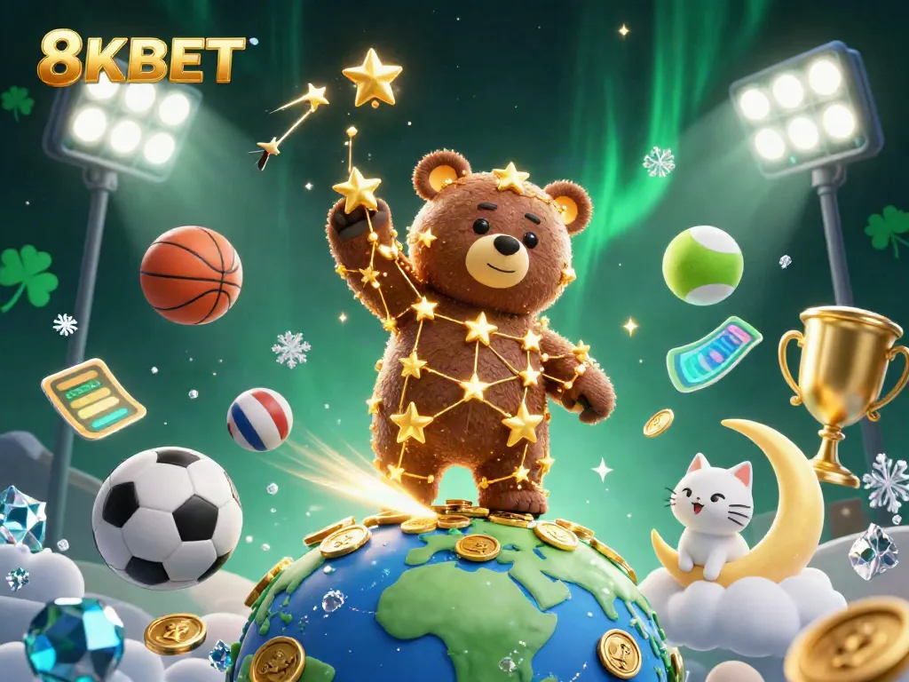 8KBET bears and fish collect coins in a vibrant casino scene, showcasing dynamic sports betting elements.