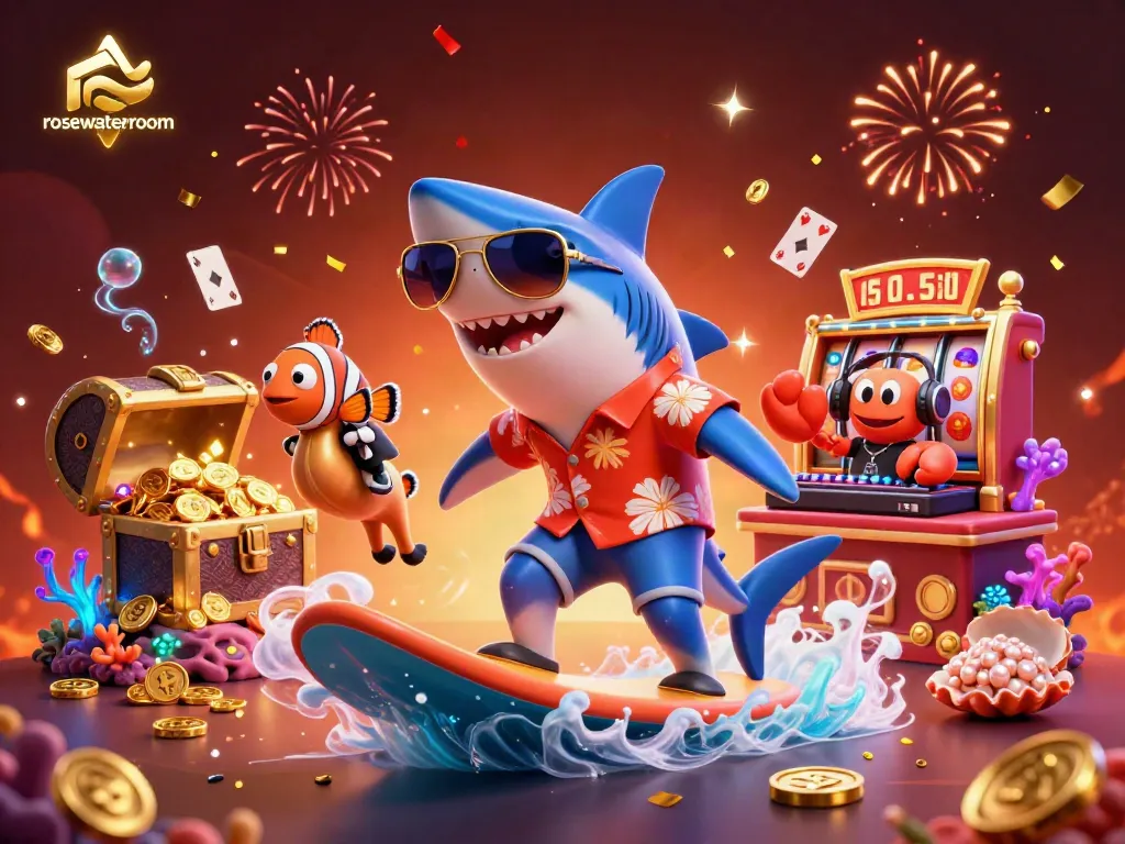 Engage with the rosewaterroom as a shark surfs on gold coins surrounded by vibrant casino elements.
