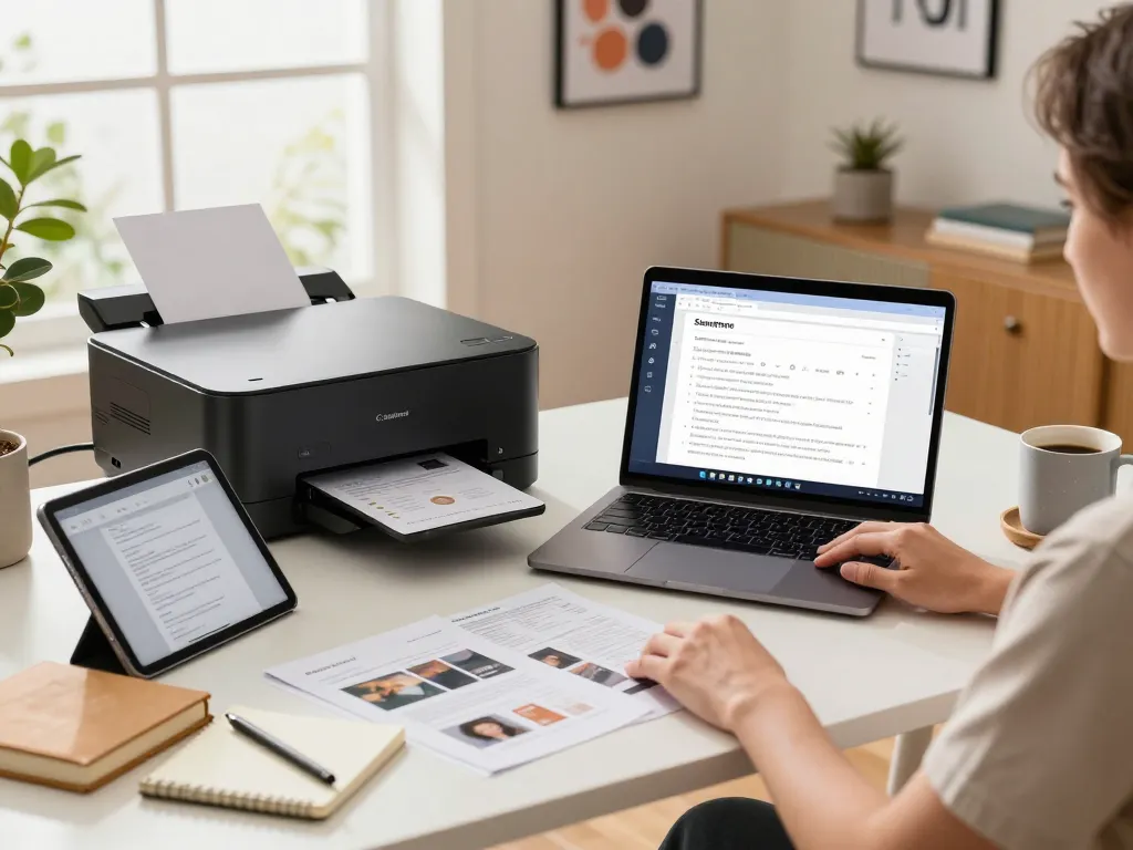 Smart printer application in action, displaying seamless document printing in a modern home office.