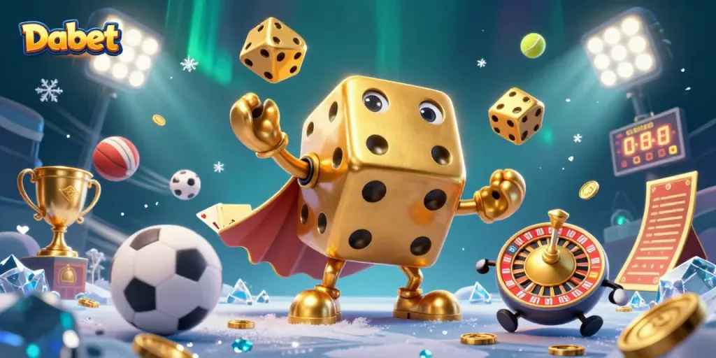 Dabet showcases a vibrant 3D casino world filled with golden dice, sports elements, and dynamic energy.