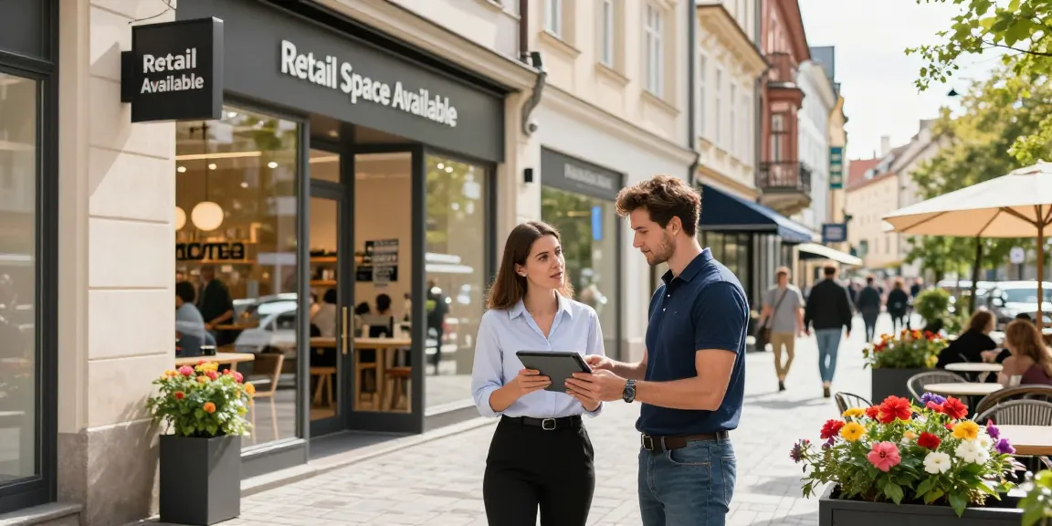 Retail space in Prague with a professional agent discussing leasing opportunities in a vibrant urban setting.