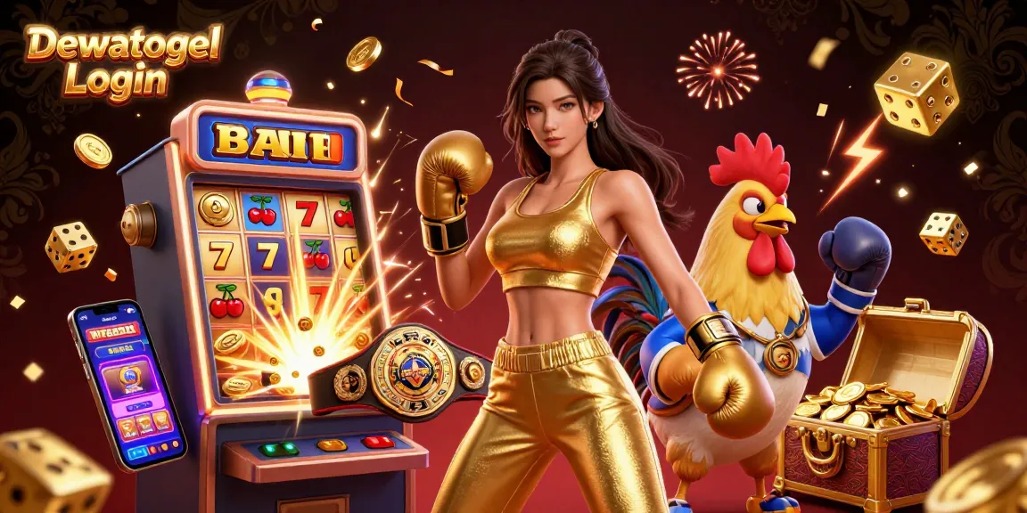 Dewatogel Login showcases a 3D cartoon scene with a powerful female character and a championship rooster amid a luxurious casino atmosphere.