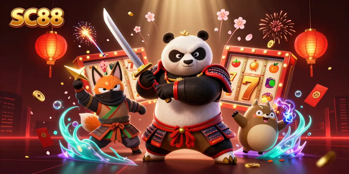Experience thrilling gameplay at SC88 featuring samurai panda and ninja fox in a festive casino scene.