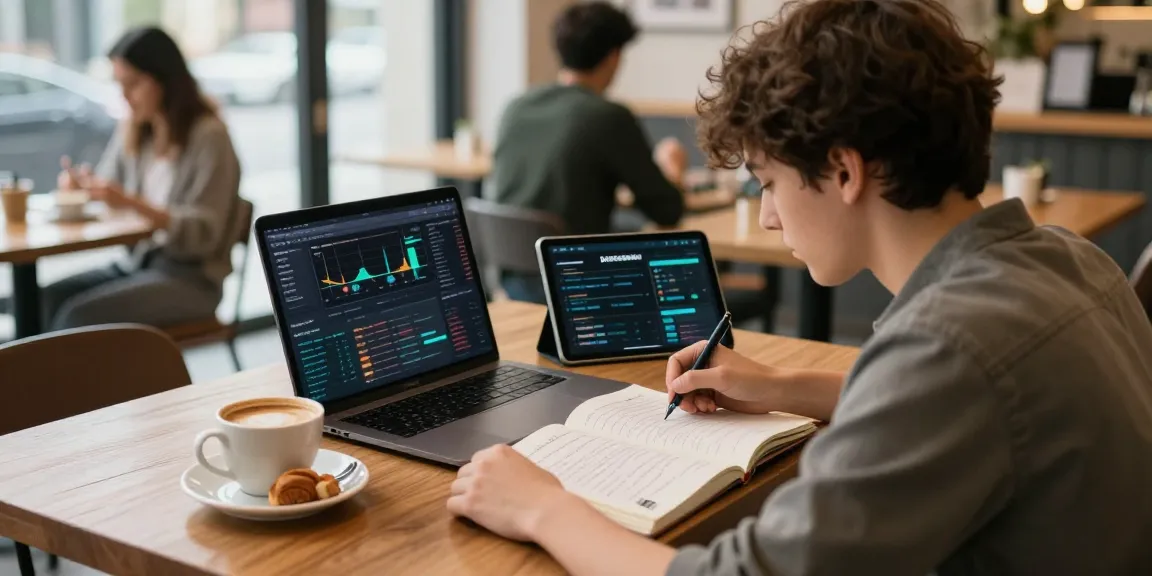 Cloud mining site user analyzing crypto data on a laptop in a coffee shop.