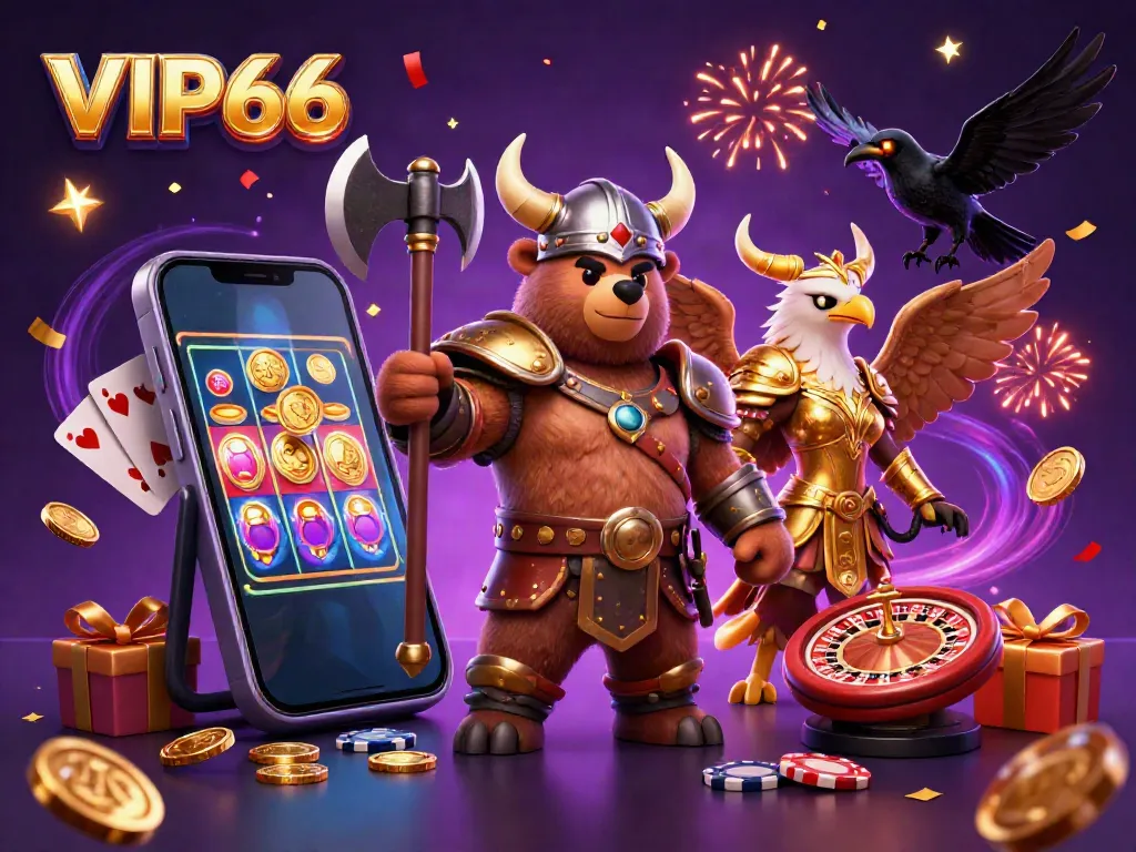Join the action at VIP66 with a powerful Viking bear and exciting casino elements in a colorful illustration.