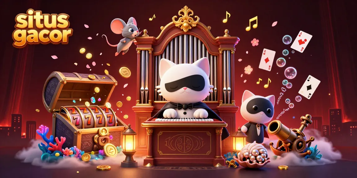 Situs gacor showcases a lively casino scene with a phantom cat, mouse acrobat, and vibrant slot elements