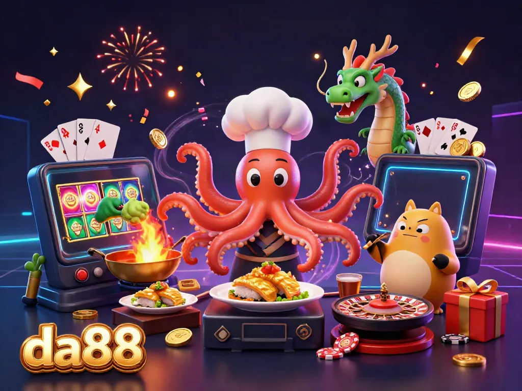 Experience the excitement of da88's vibrant casino scene with a sushi chef octopus and dragon, amidst festive slot game elements.