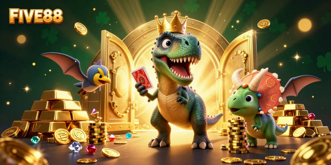 Experience the thrill of FIVE88 casino with our whimsical 3D illustration featuring playful characters.