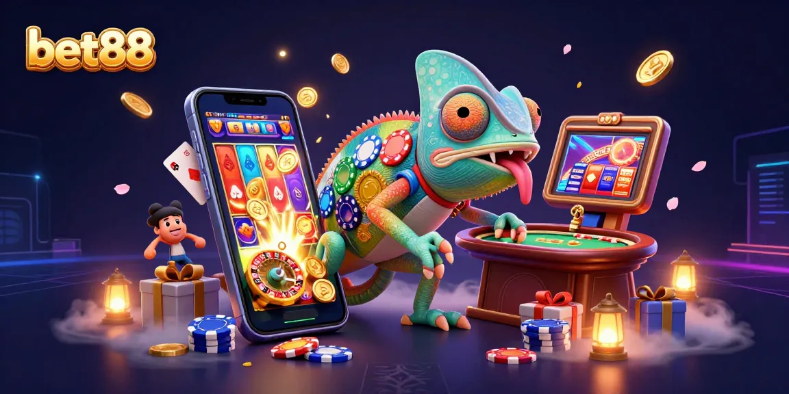 Experience thrilling gameplay at bet88, featuring a vibrant chameleon casino owner amidst golden coins and slot games.