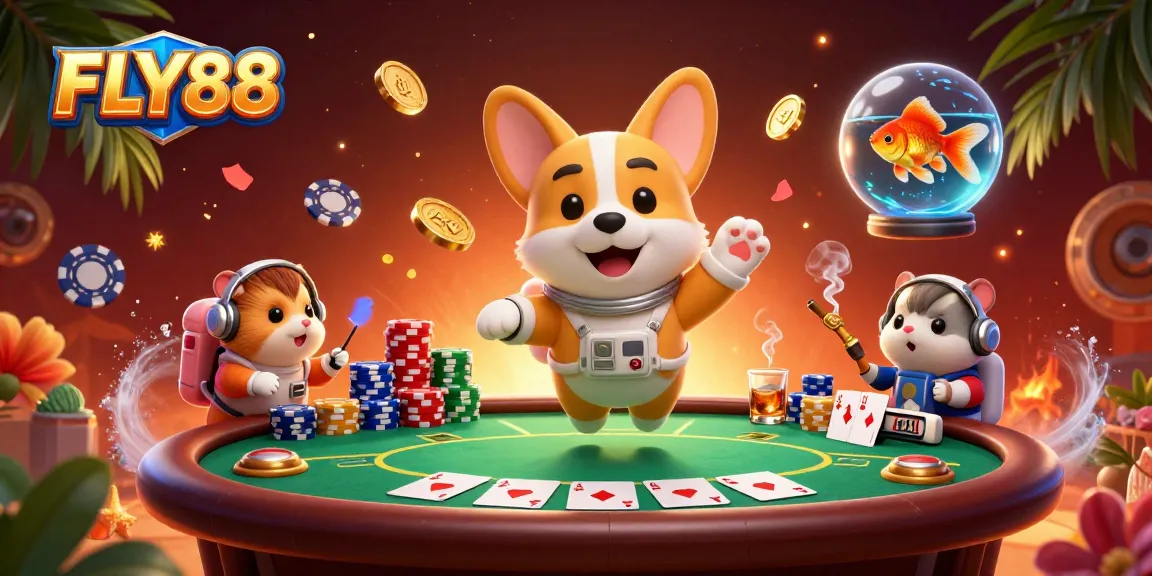 Engage in thrilling games with FLY88's dynamic gaming scene featuring a corgi astronaut and casino excitement.