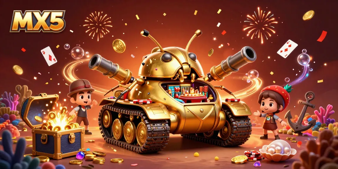 Experience thrilling gaming action at MX5's vibrant miniature casino tank filled with treasures.
