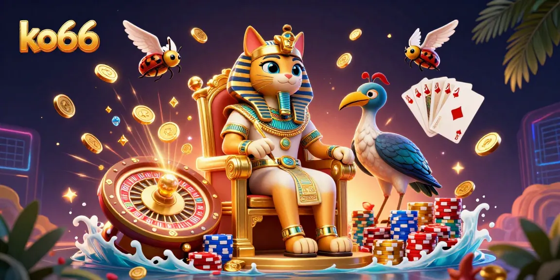 Win big with ko66 in this vibrant casino scene featuring a pharaoh cat and phoenix elements.