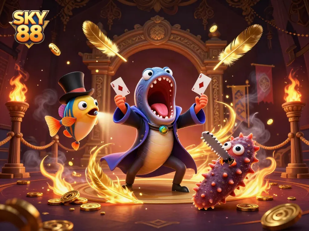 Bet, win, and enjoy SKY 88's vibrant gaming experience in this dynamic underwater casino illustration.