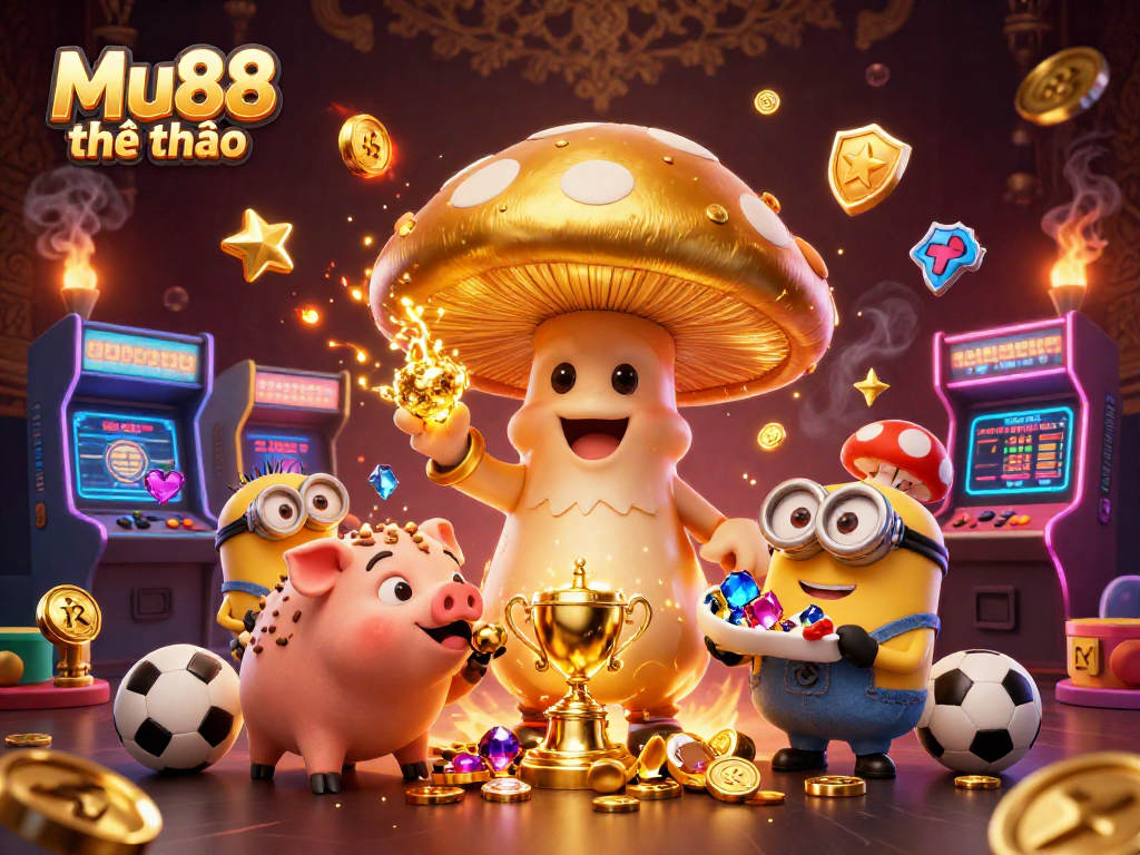 Engage in exciting sports betting with Mu88 thể thao, featuring a golden mushroom wizard and colorful gaming elements.