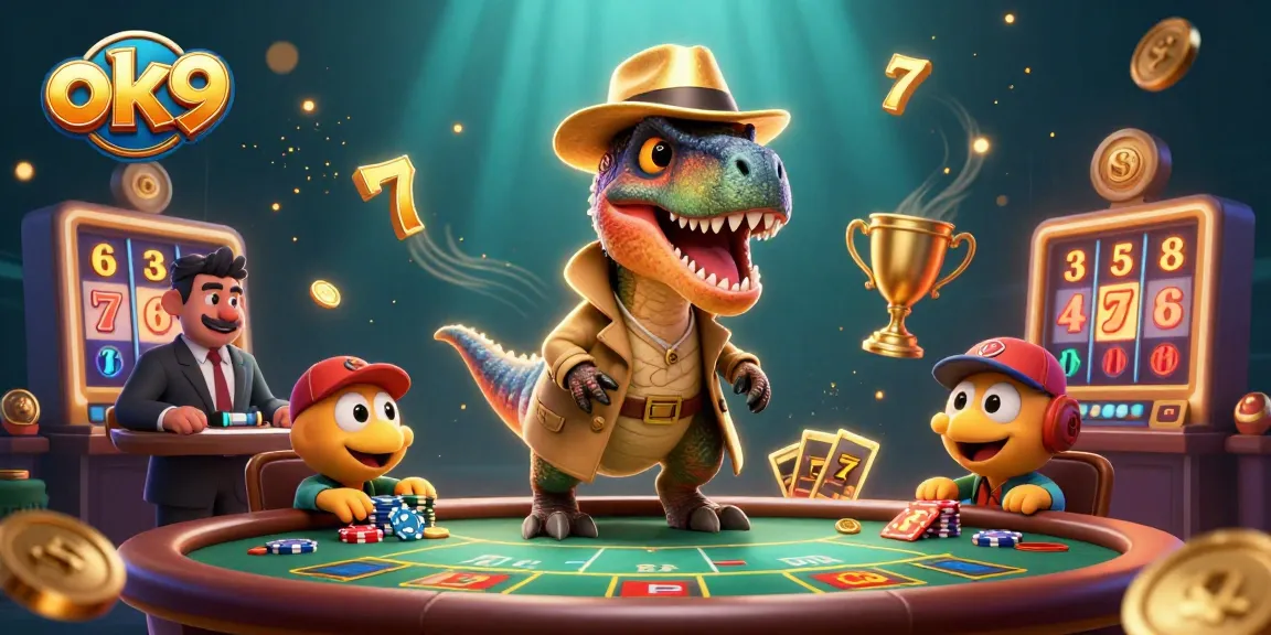 Play slots with ok9 as a velociraptor card counter amidst thrilling casino elements.