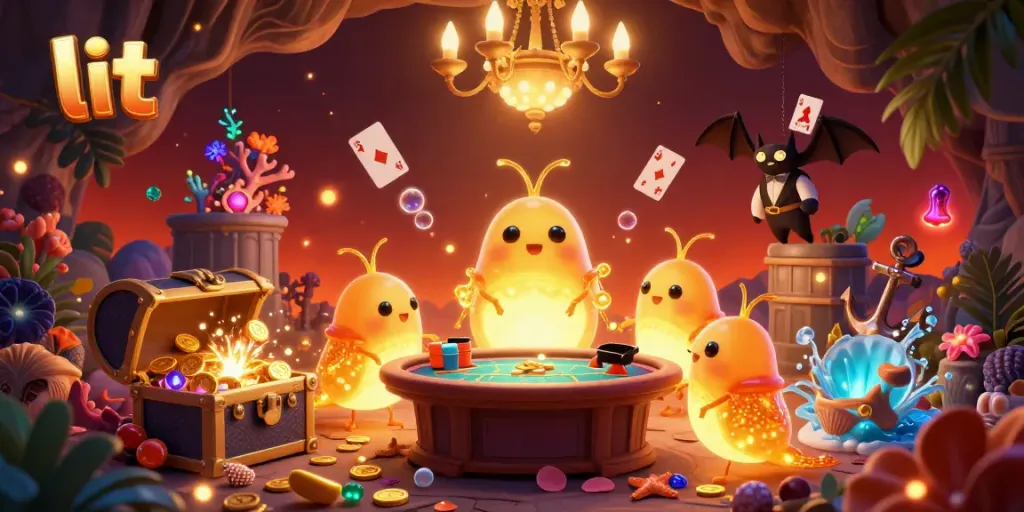 Engage in vibrant casino action as lit glowworms illuminate a poker table in a unique cave setting.